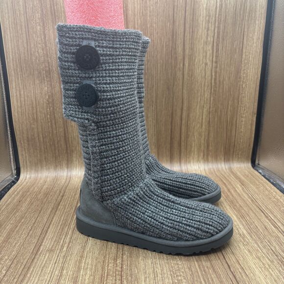 UGG Australia Boots Youth 3 Cardy Winter Snow Gray Knitted Button Mid Calf NEW - Picture 1 of 9